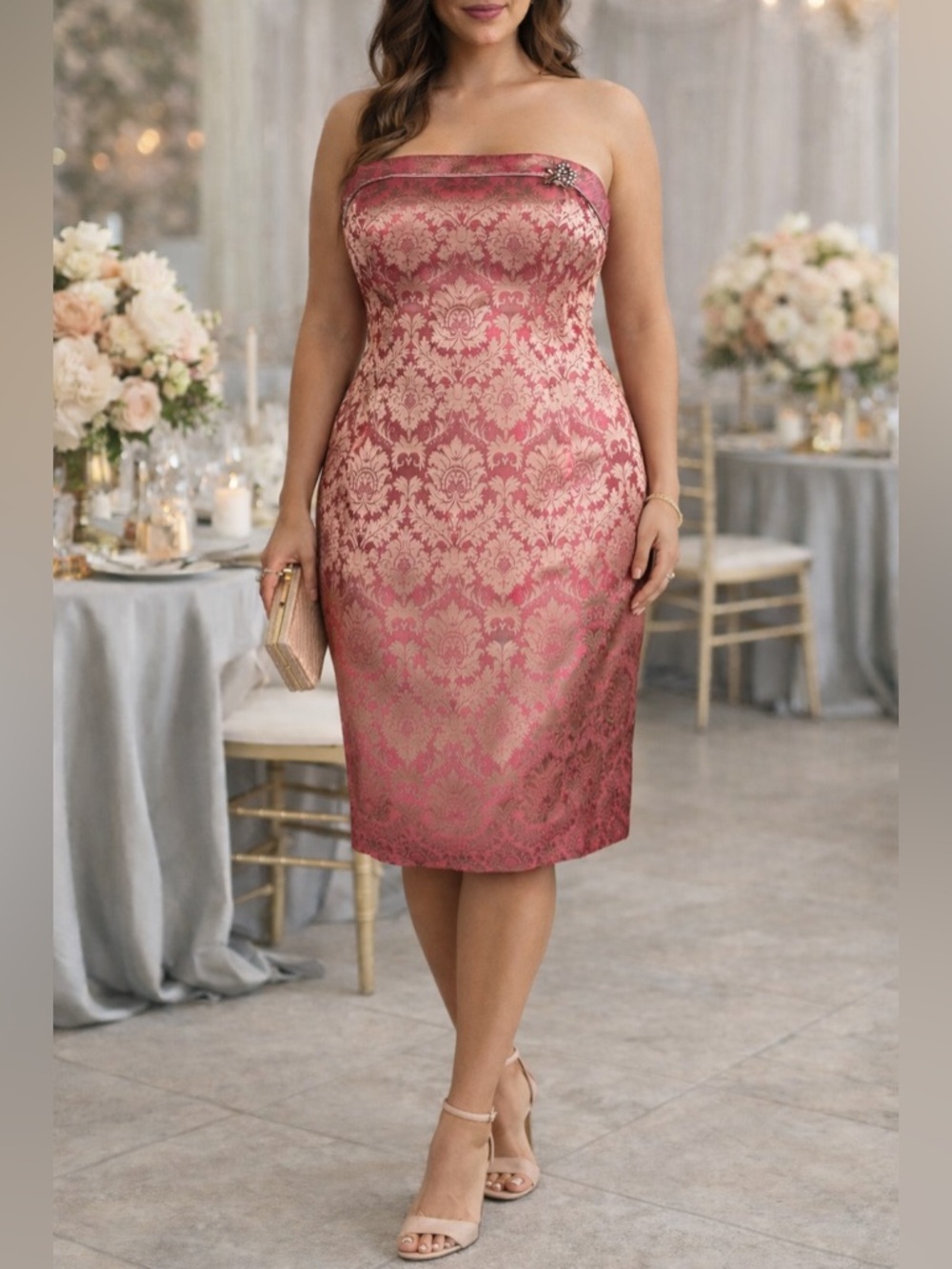 Laundry Shelli Segal Brocade Strapless Dress 12 Pink Gold A-Line Boned